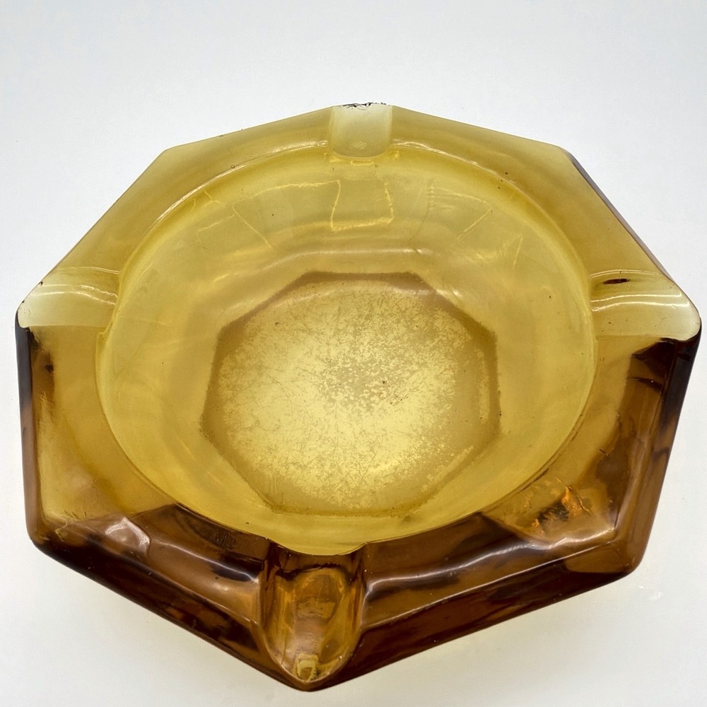 Vintage Amber Glass Ashtray Hexagonal Faceted Rim With Four Notches